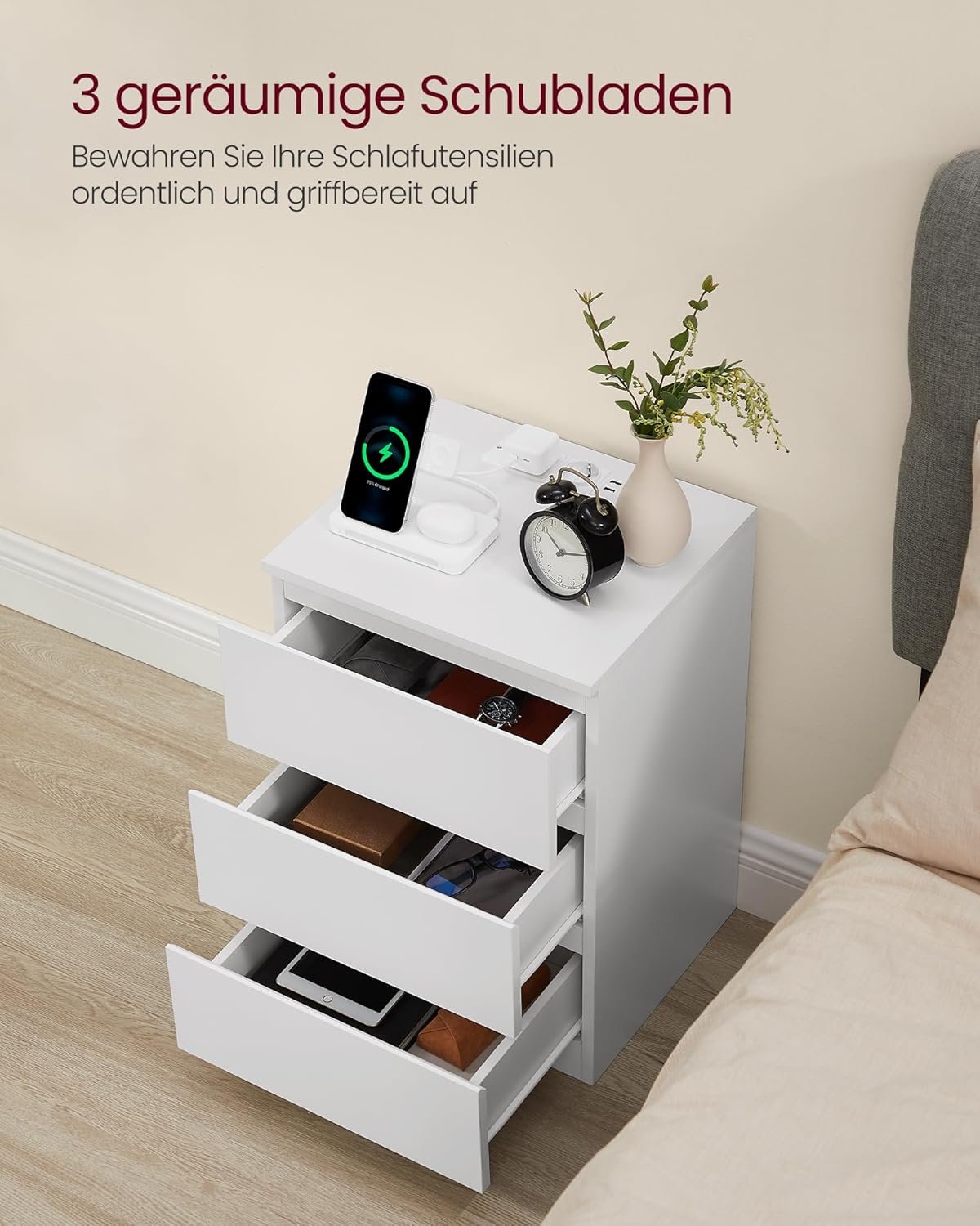 Nattduksbord, Sidobord, 3 lådor, 2 nätuttag, 2 USB-portar, Cloud White 5 Nattduksbord, Sidobord, 3 lådor, 2 nätuttag, 2 USB-portar, Cloud White - Bild 5