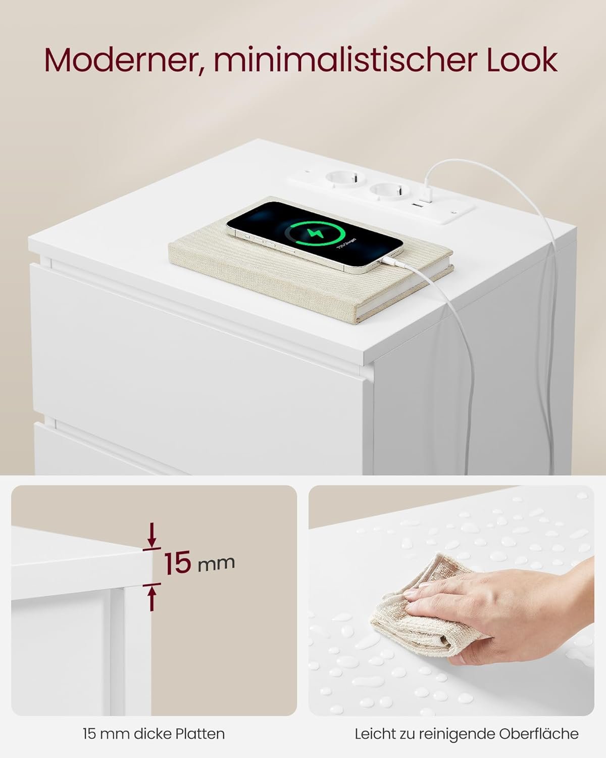 Nattduksbord, Sidobord, 3 lådor, 2 nätuttag, 2 USB-portar, Cloud White 7 Nattduksbord, Sidobord, 3 lådor, 2 nätuttag, 2 USB-portar, Cloud White - Bild 7