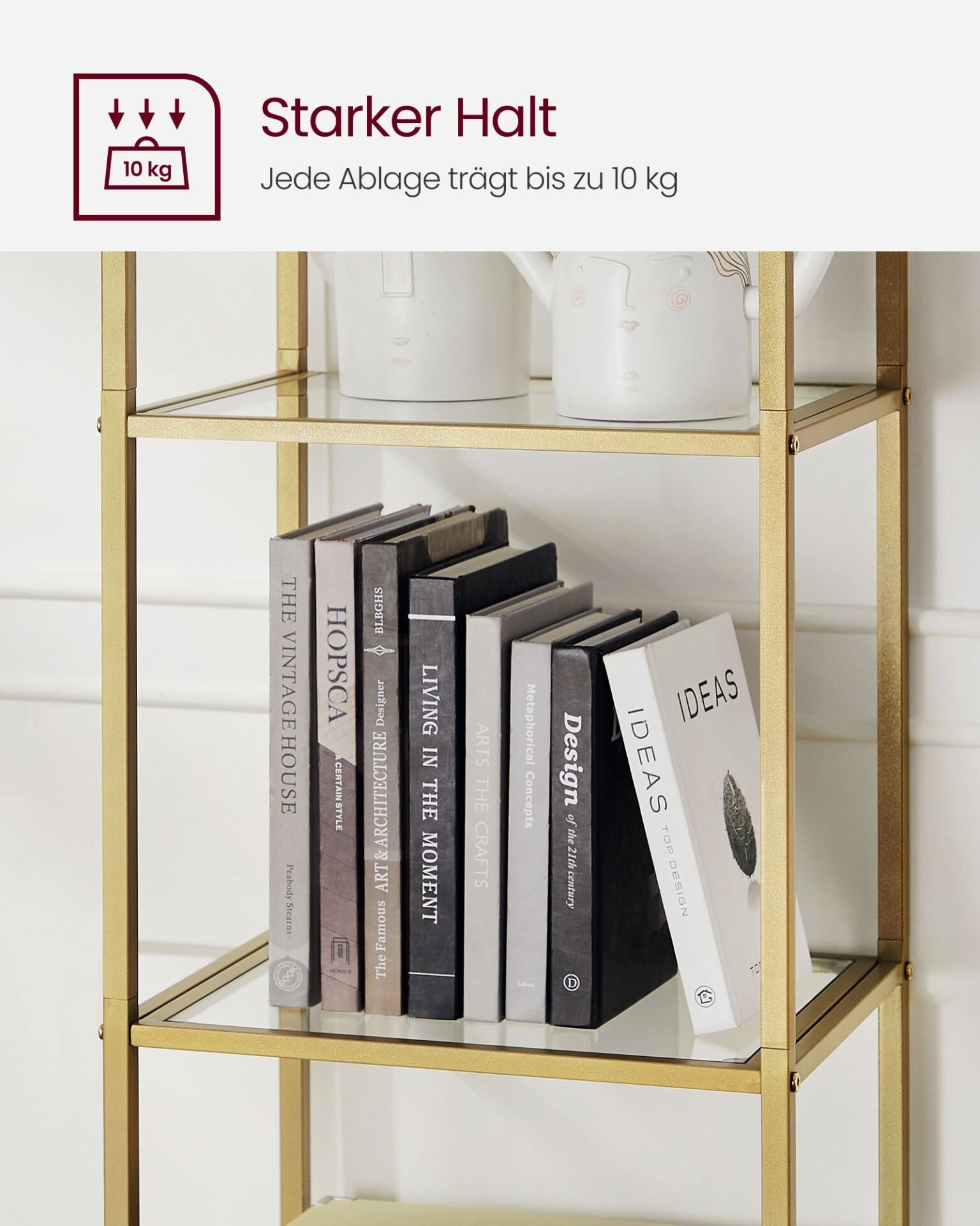 5-våningshylla, hylla i härdat glas, stålkonstruktion, metalliskt guld och transparent 6 5-våningshylla, hylla i härdat glas, stålkonstruktion, metalliskt guld och transparent - Bild 6