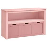 Pink barnmöbel med öppet hyllplan och tre lådor för förvaring.
