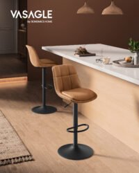 VASAGLE LJB095K01 Bar Stools Set of 2 Bar Chairs Height Adjustable Swivel Kitchen Stools Quilted PU Cover with Backrest and Footrest Dining Counter Steel Caramel Brown