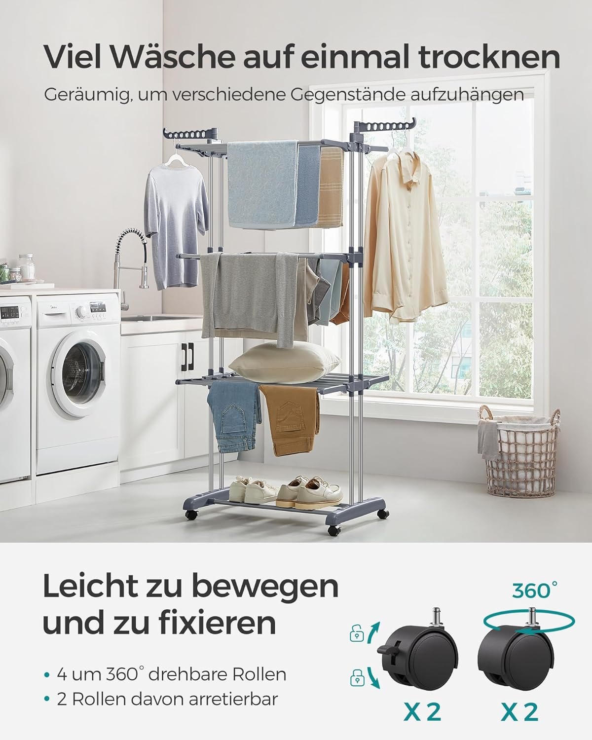 Torkställning med 4 nivåer, hopfällbar vinge, med hjul 63,5 x 128 x 173 cm, grå 3 Torkställning med 4 nivåer, hopfällbar vinge, med hjul 63,5 x 128 x 173 cm, grå - Bild 3