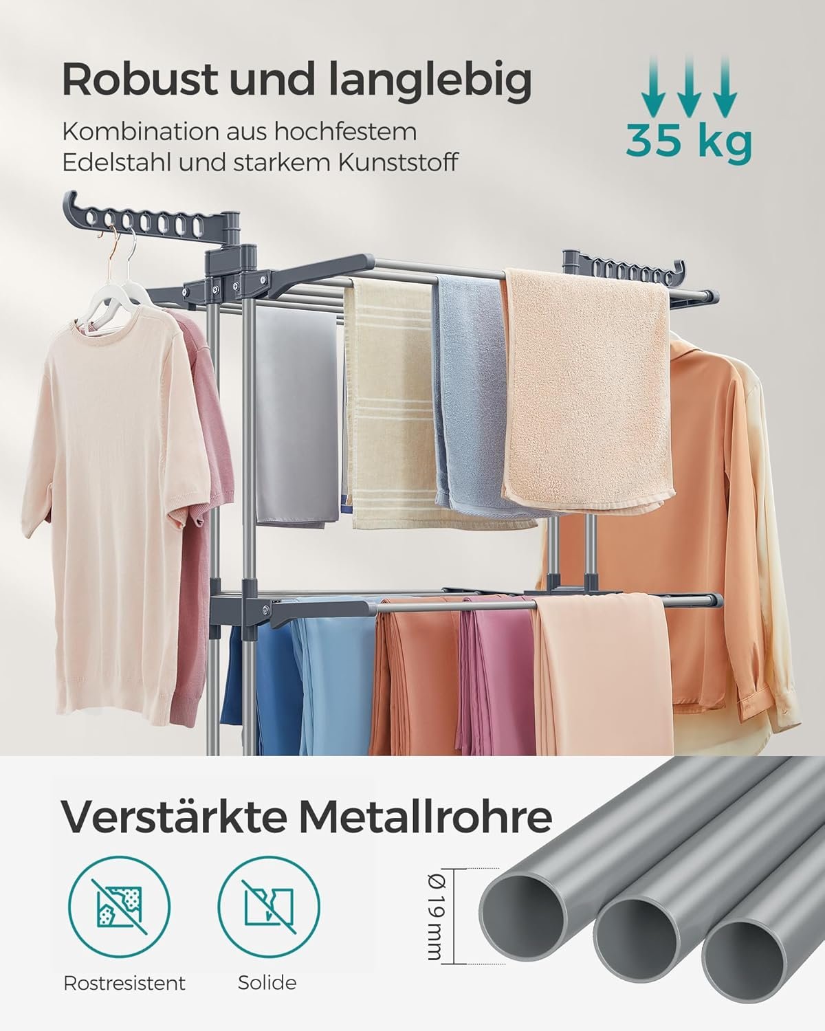 Torkställning med 4 nivåer, hopfällbar vinge, med hjul 63,5 x 128 x 173 cm, grå 4 Torkställning med 4 nivåer, hopfällbar vinge, med hjul 63,5 x 128 x 173 cm, grå - Bild 4