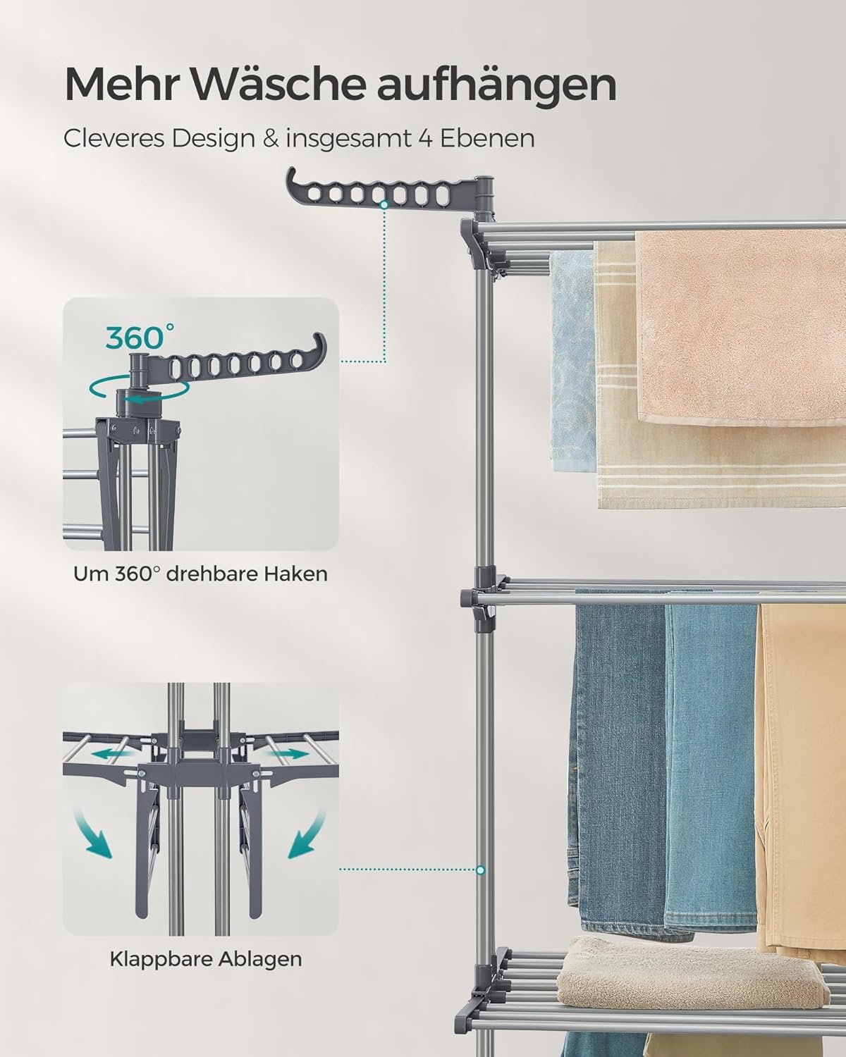 Torkställning med 4 nivåer, hopfällbar vinge, med hjul 63,5 x 128 x 173 cm, grå 5 Torkställning med 4 nivåer, hopfällbar vinge, med hjul 63,5 x 128 x 173 cm, grå - Bild 5
