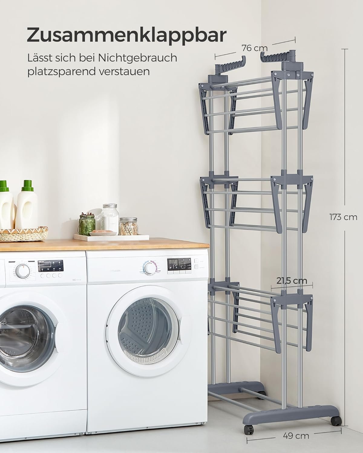 Torkställning med 4 nivåer, hopfällbar vinge, med hjul 63,5 x 128 x 173 cm, grå 7 Torkställning med 4 nivåer, hopfällbar vinge, med hjul 63,5 x 128 x 173 cm, grå - Bild 7