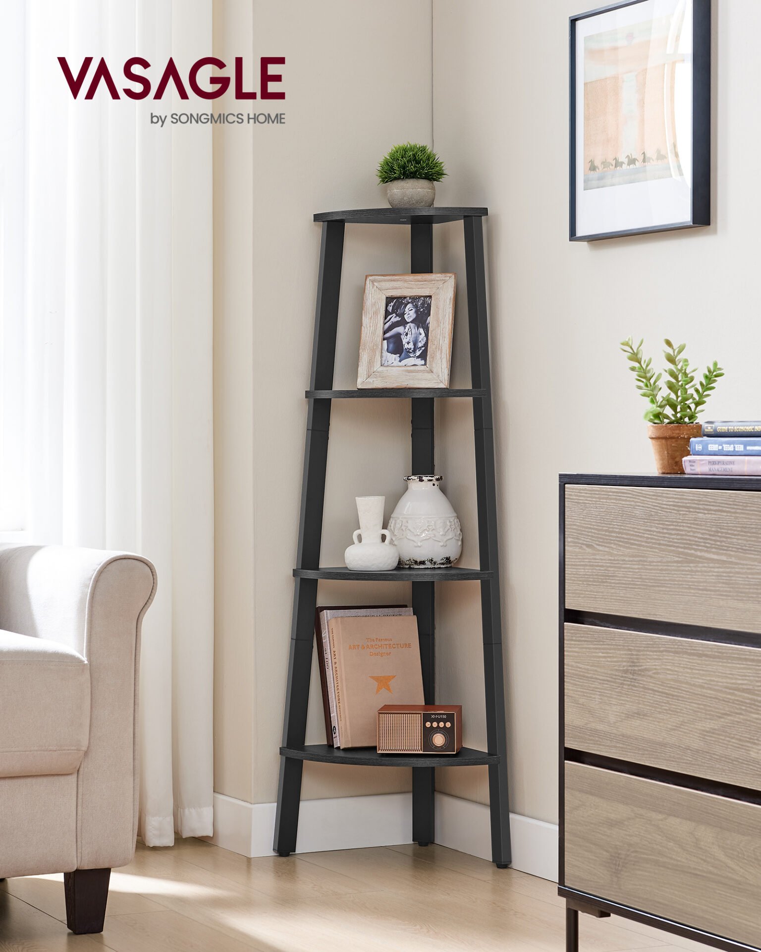VASAGLE Corner Shelf Unit, 4-Tier Corner Shelf, Ladder Shelf for Living Room, Bookshelf or Plant Stand, Industrial Accent Furniture, Charcoal Gray and Matte Black LLS034B22 3 VASAGLE Corner Shelf Unit, 4-Tier Corner Shelf, Ladder Shelf for Living Room, Bookshelf or Plant Stand, Industrial Accent Furniture, Charcoal Gray and Matte Black LLS034B22 - Bild 3