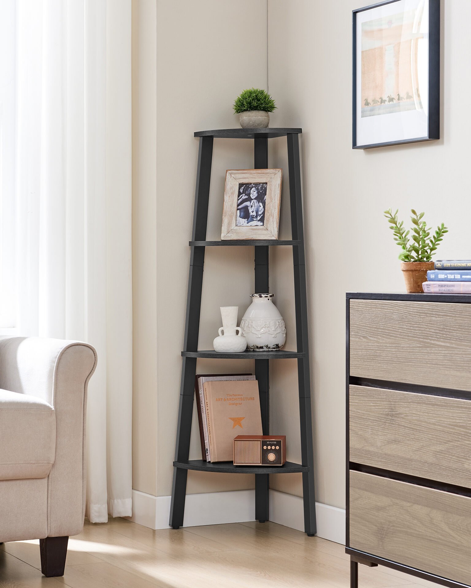 VASAGLE Corner Shelf Unit, 4-Tier Corner Shelf, Ladder Shelf for Living Room, Bookshelf or Plant Stand, Industrial Accent Furniture, Charcoal Gray and Matte Black LLS034B22 4 VASAGLE Corner Shelf Unit, 4-Tier Corner Shelf, Ladder Shelf for Living Room, Bookshelf or Plant Stand, Industrial Accent Furniture, Charcoal Gray and Matte Black LLS034B22 - Bild 4