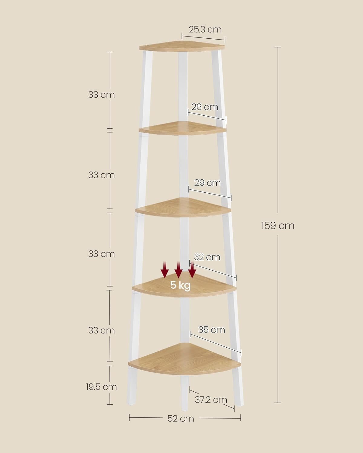 VASAGLE Corner Bookcase 5 Tier Shelf Ladder Shelf Storage Unit Plant Holder for Living Room Industrial Style with Steel Frame Natural Oak and Matte White LLS035Y01 5 VASAGLE Corner Bookcase 5 Tier Shelf Ladder Shelf Storage Unit Plant Holder for Living Room Industrial Style with Steel Frame Natural Oak and Matte White LLS035Y01 - Bild 5