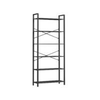 6-våningars hög bokhylla, stor, stålram, fristående, 30 x 80 x 186 cm, svart