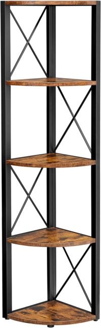 5-vånings hörnhylla, förvaringshylla multifunktionell, bokhylla, växtställ, rustik brun och svart