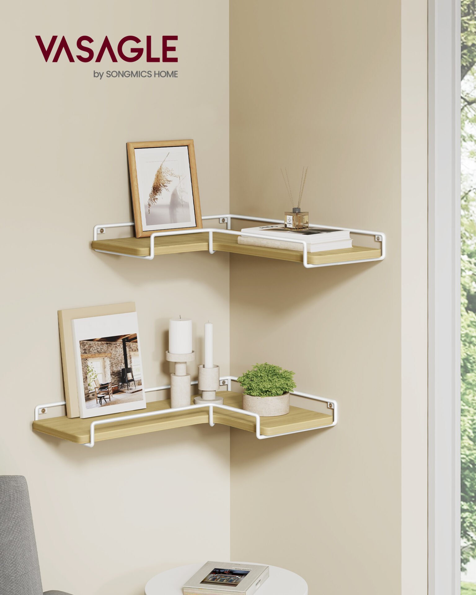 VASAGLE Corner Floating Shelves, Wall Shelf Set of 2, Corner Shelves for Wall Decor and Storage, Rustic Wood Shelves for Bathroom Bedroom Kitchen, with Cable Space, Rustic Brown and Black ULLS831B01 2 VASAGLE Corner Floating Shelves, Wall Shelf Set of 2, Corner Shelves for Wall Decor and Storage, Rustic Wood Shelves for Bathroom Bedroom Kitchen, with Cable Space, Rustic Brown and Black ULLS831B01 - Bild 2