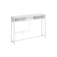 Konsolbord med uttag och förvaringsfack i vitt, modern design.