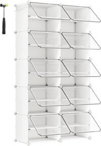 Sammankopplande skohylla, plastskåp för skoförvaring, 10 platser, stålram, vit