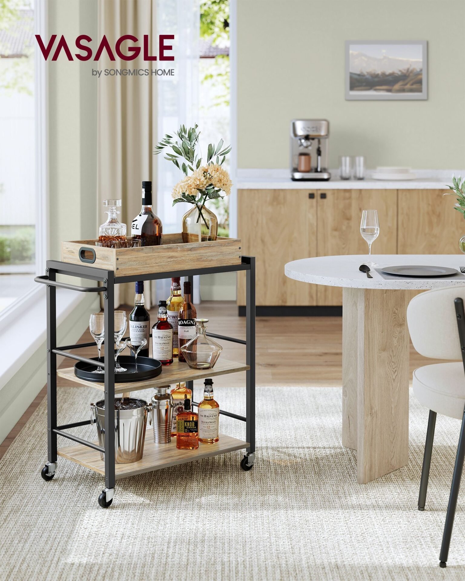 VASAGLE Kitchen Serving Cart with Removable Tray, 3-Tier Kitchen Utility Cart on Wheels with Storage, with Brakes, Levelling Feet, 40 x 72 x 86 cm, Turquoise Brown and Ink Black LRC072K60 2 VASAGLE Kitchen Serving Cart with Removable Tray, 3-Tier Kitchen Utility Cart on Wheels with Storage, with Brakes, Levelling Feet, 40 x 72 x 86 cm, Turquoise Brown and Ink Black LRC072K60 - Bild 2