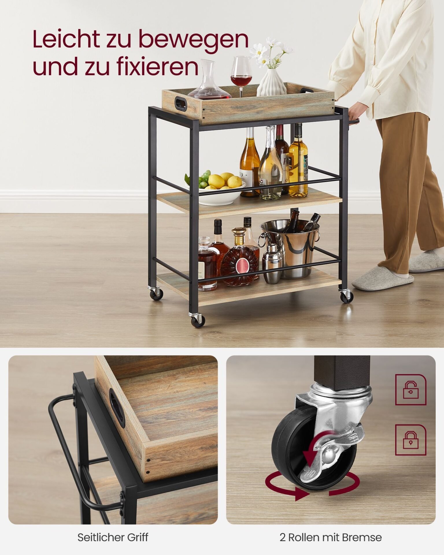 VASAGLE Kitchen Serving Cart with Removable Tray, 3-Tier Kitchen Utility Cart on Wheels with Storage, with Brakes, Levelling Feet, 40 x 72 x 86 cm, Turquoise Brown and Ink Black LRC072K60 4 VASAGLE Kitchen Serving Cart with Removable Tray, 3-Tier Kitchen Utility Cart on Wheels with Storage, with Brakes, Levelling Feet, 40 x 72 x 86 cm, Turquoise Brown and Ink Black LRC072K60 - Bild 4
