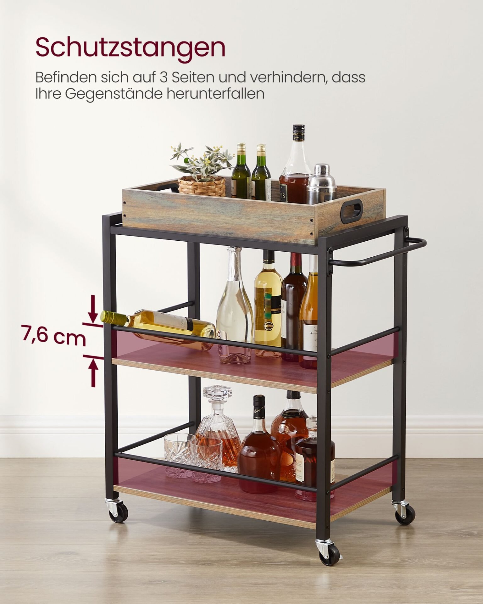 VASAGLE Kitchen Serving Cart with Removable Tray, 3-Tier Kitchen Utility Cart on Wheels with Storage, with Brakes, Levelling Feet, 40 x 72 x 86 cm, Turquoise Brown and Ink Black LRC072K60 5 VASAGLE Kitchen Serving Cart with Removable Tray, 3-Tier Kitchen Utility Cart on Wheels with Storage, with Brakes, Levelling Feet, 40 x 72 x 86 cm, Turquoise Brown and Ink Black LRC072K60 - Bild 5