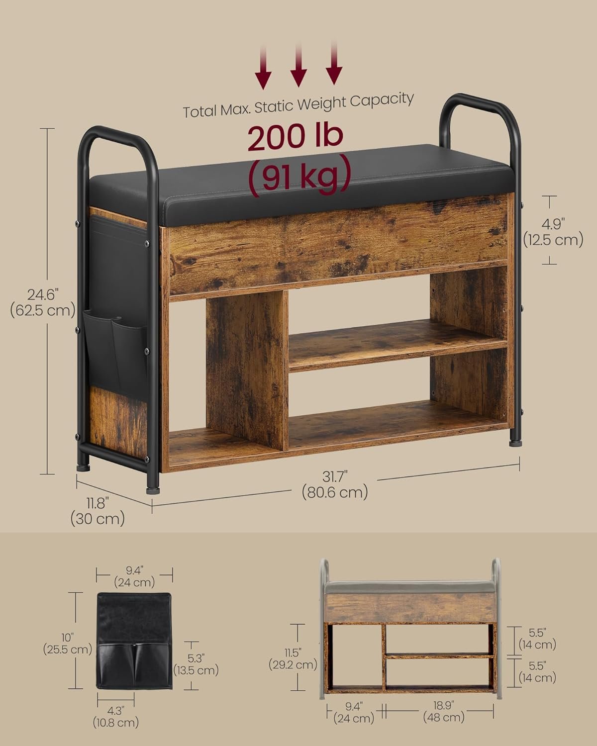 VASAGLE Shoe Bench, Entrance Cabinet, Shoe Storage, Padded Seat and 9 Compartments, Shoe Rack, Load Capacity 136 kg, Natural Beige LHS009K01 3 VASAGLE Shoe Bench, Entrance Cabinet, Shoe Storage, Padded Seat and 9 Compartments, Shoe Rack, Load Capacity 136 kg, Natural Beige LHS009K01 - Bild 3