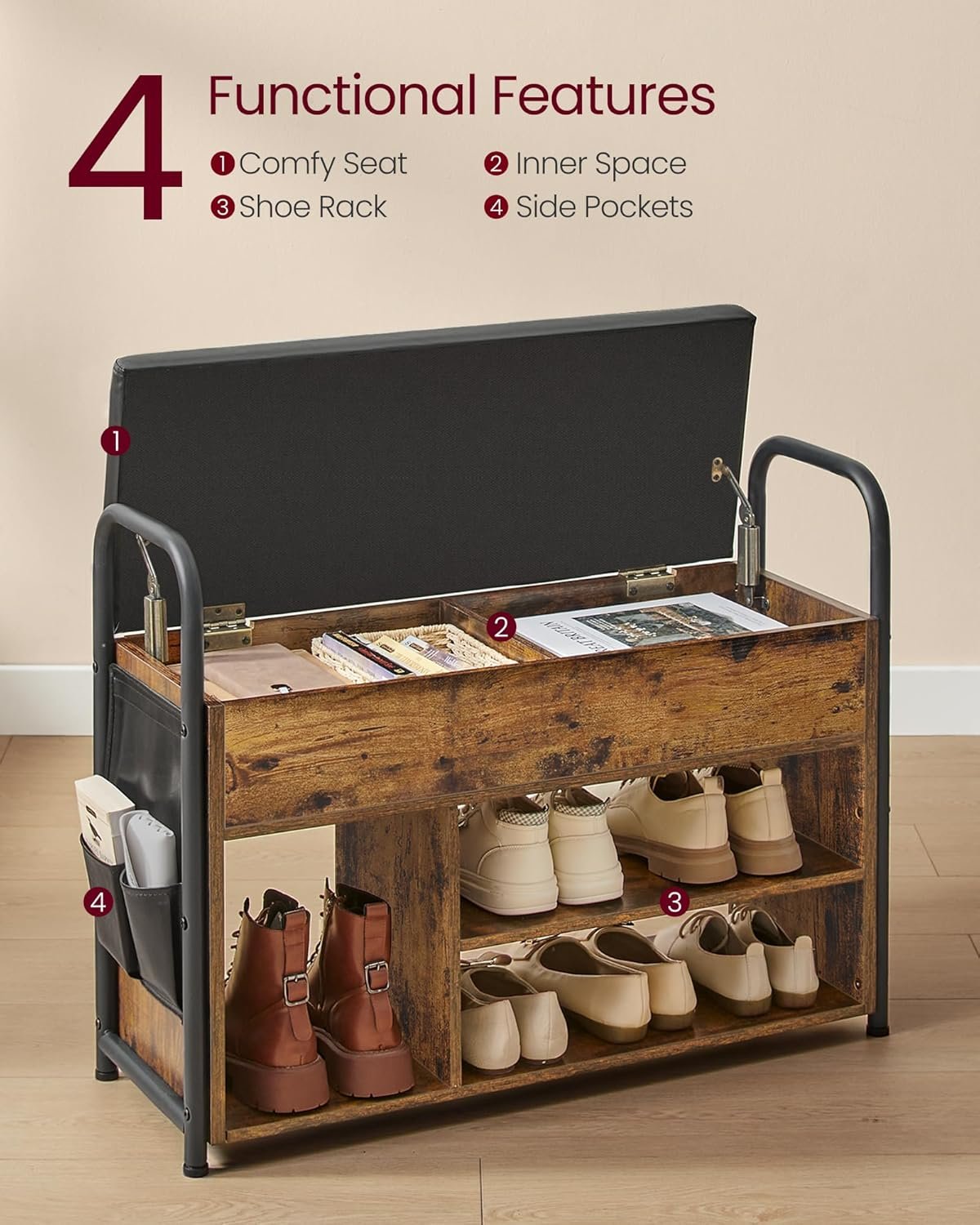 VASAGLE Shoe Bench, Entrance Cabinet, Shoe Storage, Padded Seat and 9 Compartments, Shoe Rack, Load Capacity 136 kg, Natural Beige LHS009K01 4 VASAGLE Shoe Bench, Entrance Cabinet, Shoe Storage, Padded Seat and 9 Compartments, Shoe Rack, Load Capacity 136 kg, Natural Beige LHS009K01 - Bild 4