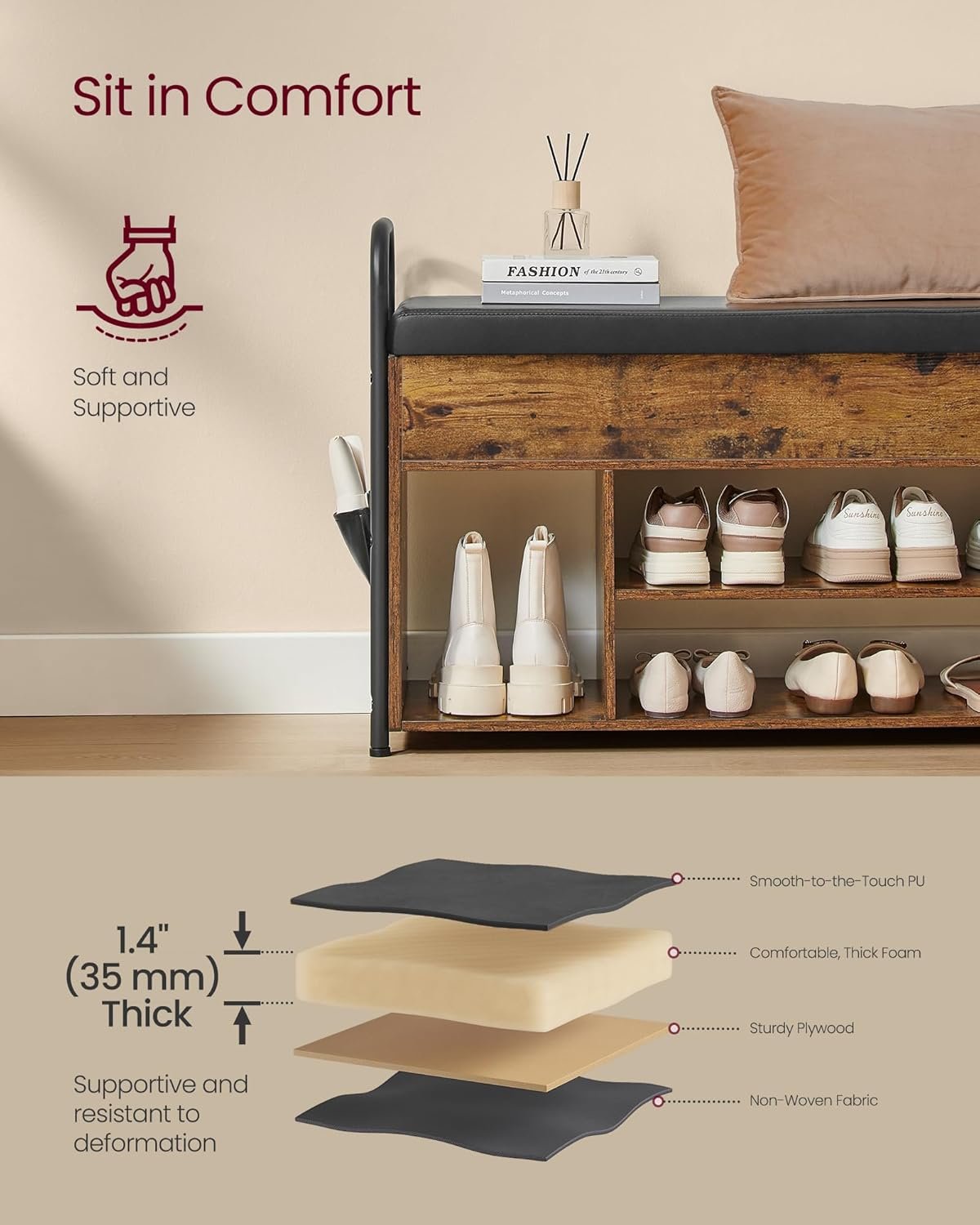 VASAGLE Shoe Bench, Entrance Cabinet, Shoe Storage, Padded Seat and 9 Compartments, Shoe Rack, Load Capacity 136 kg, Natural Beige LHS009K01 5 VASAGLE Shoe Bench, Entrance Cabinet, Shoe Storage, Padded Seat and 9 Compartments, Shoe Rack, Load Capacity 136 kg, Natural Beige LHS009K01 - Bild 5