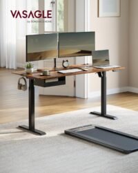 VASAGLE LSD116W01 Height Adjustable Electric Desk with Socket and Drawer, 70 x 160 cm Table Top, Smoothly Adjustable, Memory Function with 4 Heights, Cloud White/Gold Oak