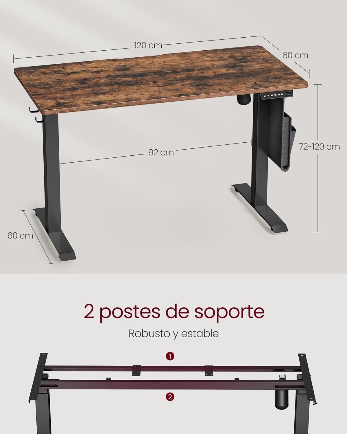 Höjdjusterbart elektriskt skrivbord med uttag och låda, 60 x 140 cm, Vintagebrun/Svart 2 Höjdjusterbart elektriskt skrivbord med uttag och låda, 60 x 140 cm, Vintagebrun/Svart - Bild 2