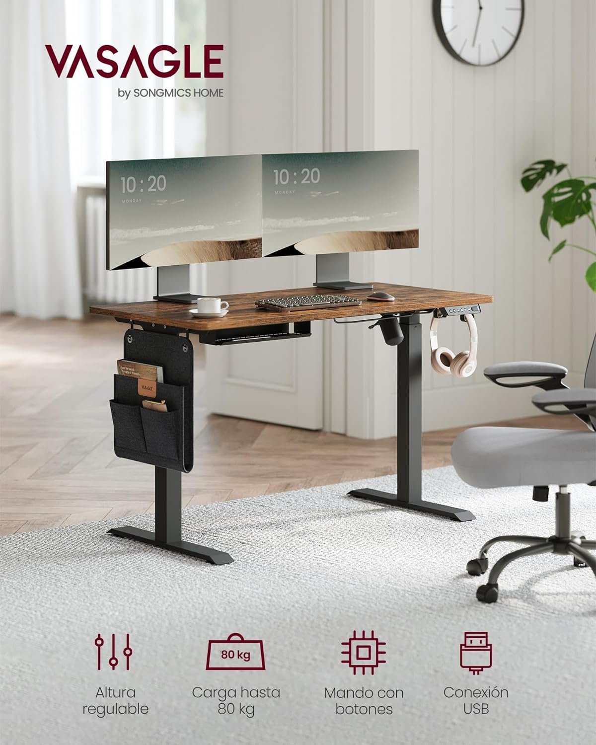 Höjdjusterbart elektriskt skrivbord med uttag och låda, 60 x 140 cm, Vintagebrun/Svart 3 Höjdjusterbart elektriskt skrivbord med uttag och låda, 60 x 140 cm, Vintagebrun/Svart - Bild 3