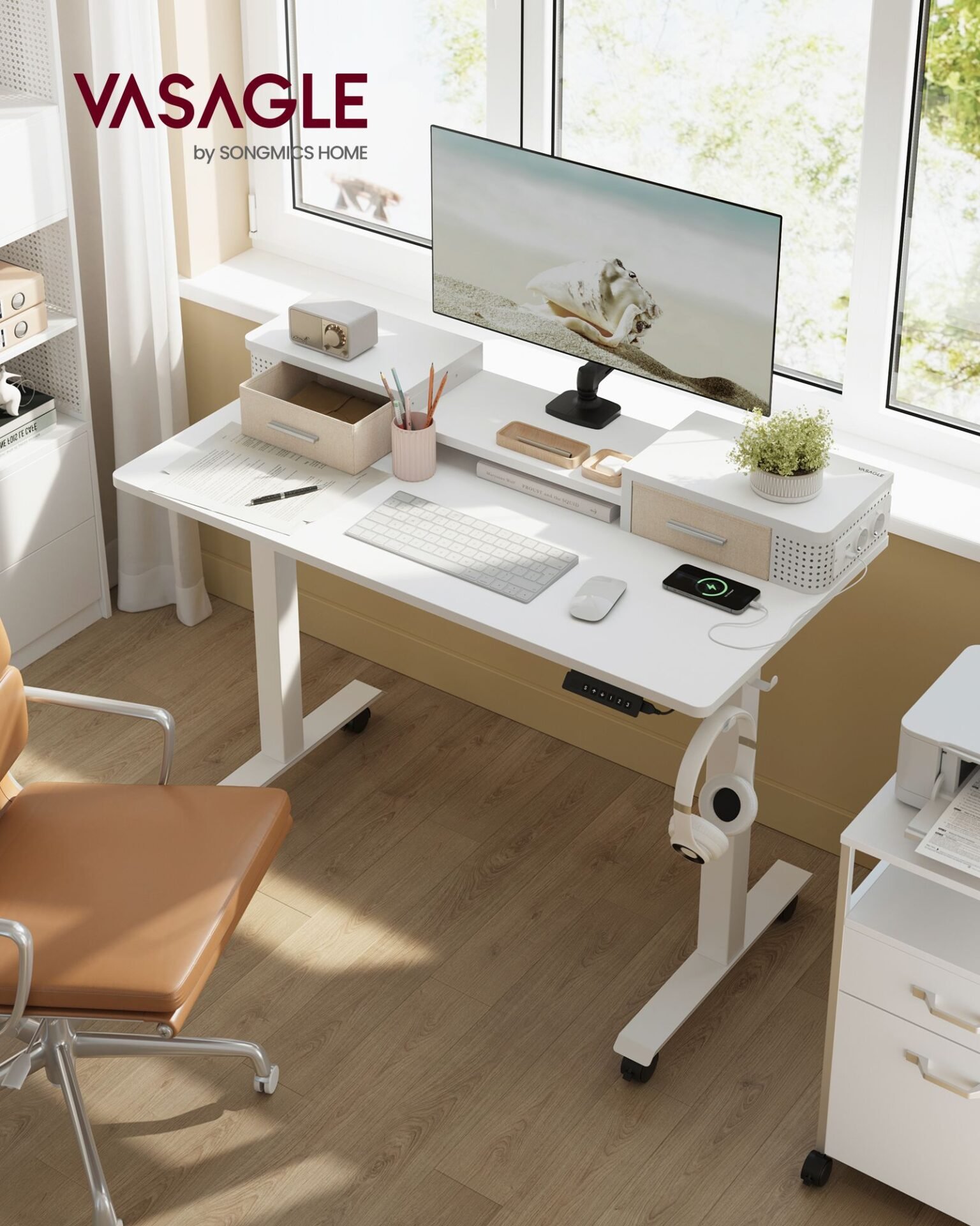 VASAGLE Electric Height Adjustable Desk 60 x 120 x (72-120) cm Continuously Adjustable with Monitor Stand, Hook, Memory Function, Straw Yellow LSD182N01 2 VASAGLE Electric Height Adjustable Desk 60 x 120 x (72-120) cm Continuously Adjustable with Monitor Stand, Hook, Memory Function, Straw Yellow LSD182N01 - Bild 2