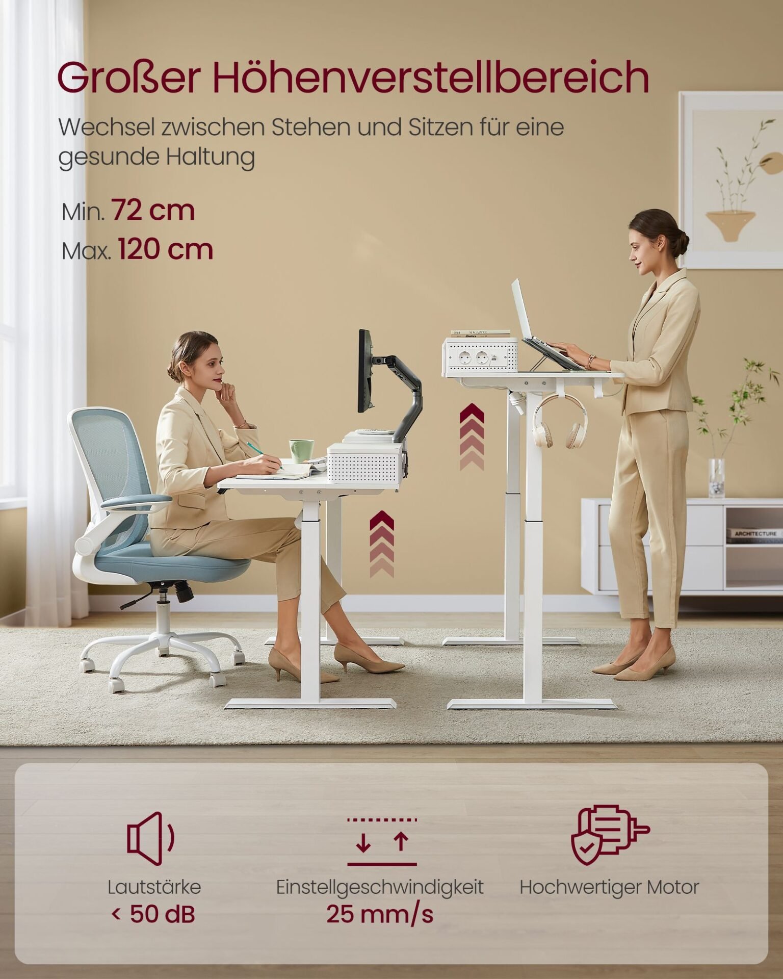 VASAGLE Electric Height Adjustable Desk 60 x 120 x (72-120) cm Continuously Adjustable with Monitor Stand, Hook, Memory Function, Straw Yellow LSD182N01 3 VASAGLE Electric Height Adjustable Desk 60 x 120 x (72-120) cm Continuously Adjustable with Monitor Stand, Hook, Memory Function, Straw Yellow LSD182N01 - Bild 3