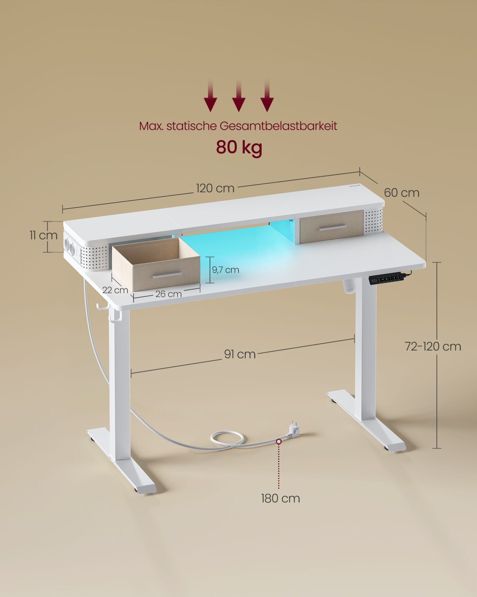 VASAGLE Electric Height Adjustable Desk 60 x 120 x (72-120) cm Continuously Adjustable with Monitor Stand, Hook, Memory Function, Straw Yellow LSD182N01 7 VASAGLE Electric Height Adjustable Desk 60 x 120 x (72-120) cm Continuously Adjustable with Monitor Stand, Hook, Memory Function, Straw Yellow LSD182N01 - Bild 7