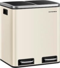 Köksavfallskärl, 2 x 15 L dubbelkärl för återvinning och avfall, pedalkärl, stål, sandbeige och bläcksvart