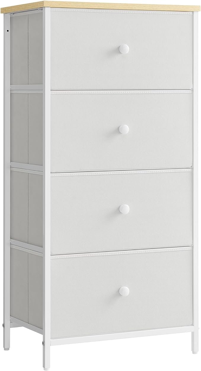 SONGMICS Chest of Drawers Bedroom, Drawer Storage Unit, Dresser with 4 Fabric Drawers, Metal Frame, Tall and Slim, for Closet, White and Oak LTS314W57 1 SONGMICS Chest of Drawers Bedroom, Drawer Storage Unit, Dresser with 4 Fabric Drawers, Metal Frame, Tall and Slim, for Closet, White and Oak LTS314W57