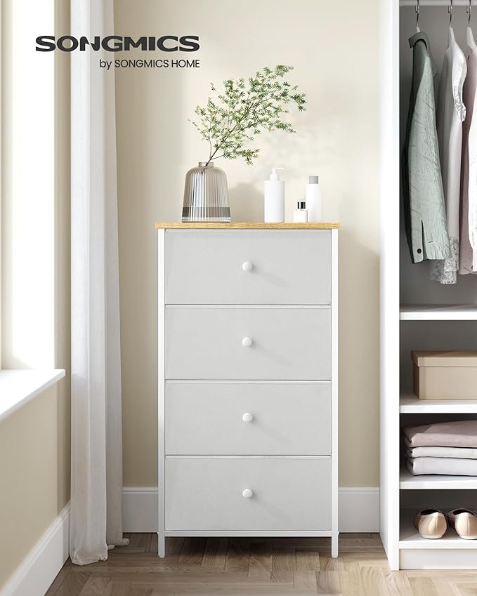 SONGMICS Chest of Drawers Bedroom, Drawer Storage Unit, Dresser with 4 Fabric Drawers, Metal Frame, Tall and Slim, for Closet, White and Oak LTS314W57 2 SONGMICS Chest of Drawers Bedroom, Drawer Storage Unit, Dresser with 4 Fabric Drawers, Metal Frame, Tall and Slim, for Closet, White and Oak LTS314W57 - Bild 2