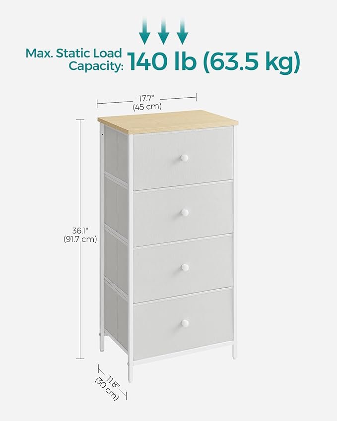 SONGMICS Chest of Drawers Bedroom, Drawer Storage Unit, Dresser with 4 Fabric Drawers, Metal Frame, Tall and Slim, for Closet, White and Oak LTS314W57 3 SONGMICS Chest of Drawers Bedroom, Drawer Storage Unit, Dresser with 4 Fabric Drawers, Metal Frame, Tall and Slim, for Closet, White and Oak LTS314W57 - Bild 3