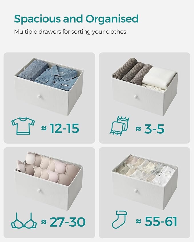 SONGMICS Chest of Drawers Bedroom, Drawer Storage Unit, Dresser with 4 Fabric Drawers, Metal Frame, Tall and Slim, for Closet, White and Oak LTS314W57 5 SONGMICS Chest of Drawers Bedroom, Drawer Storage Unit, Dresser with 4 Fabric Drawers, Metal Frame, Tall and Slim, for Closet, White and Oak LTS314W57 - Bild 5