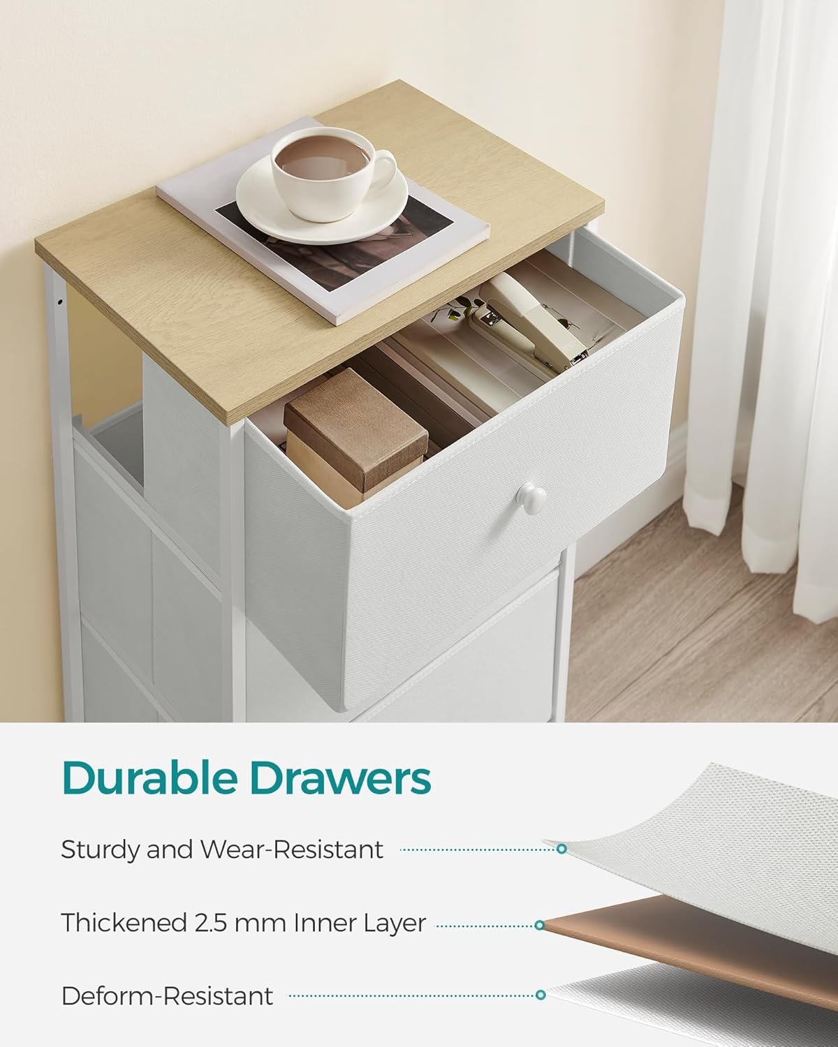 SONGMICS Chest of Drawers Bedroom, Drawer Storage Unit, Dresser with 4 Fabric Drawers, Metal Frame, Tall and Slim, for Closet, White and Oak LTS314W57 7 SONGMICS Chest of Drawers Bedroom, Drawer Storage Unit, Dresser with 4 Fabric Drawers, Metal Frame, Tall and Slim, for Closet, White and Oak LTS314W57 - Bild 7