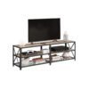 TV-bänk i industriell stil med metallram och trähyllor för TV och underhållning.