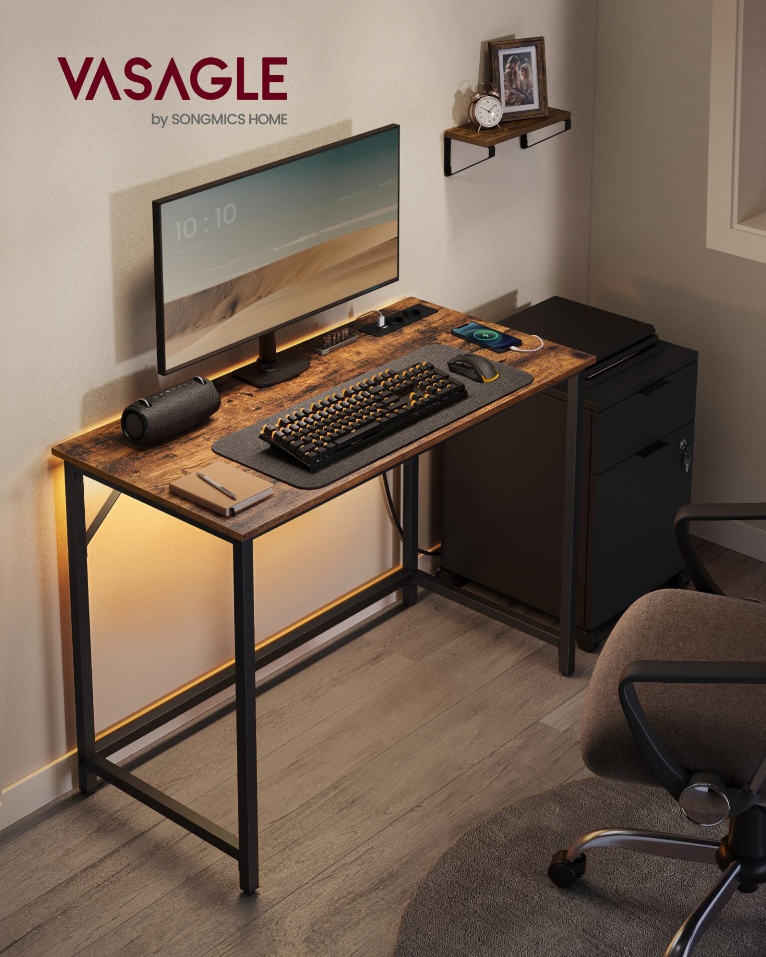 VASAGLE Office Desk Gaming Table with LED Lights, Power Strip, Computer Desk, 50 x 100 x 76, Space Saving, for Study Room, Home Office, Vintage Brown-Black Ink LWD141B81 2 VASAGLE Office Desk Gaming Table with LED Lights, Power Strip, Computer Desk, 50 x 100 x 76, Space Saving, for Study Room, Home Office, Vintage Brown-Black Ink LWD141B81 - Bild 2