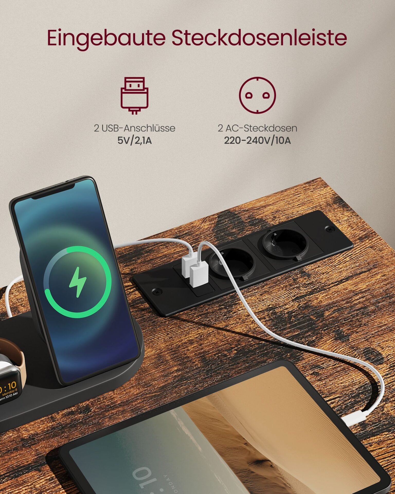 VASAGLE Office Desk Gaming Table with LED Lights, Power Strip, Computer Desk, 50 x 100 x 76, Space Saving, for Study Room, Home Office, Vintage Brown-Black Ink LWD141B81 3 VASAGLE Office Desk Gaming Table with LED Lights, Power Strip, Computer Desk, 50 x 100 x 76, Space Saving, for Study Room, Home Office, Vintage Brown-Black Ink LWD141B81 - Bild 3