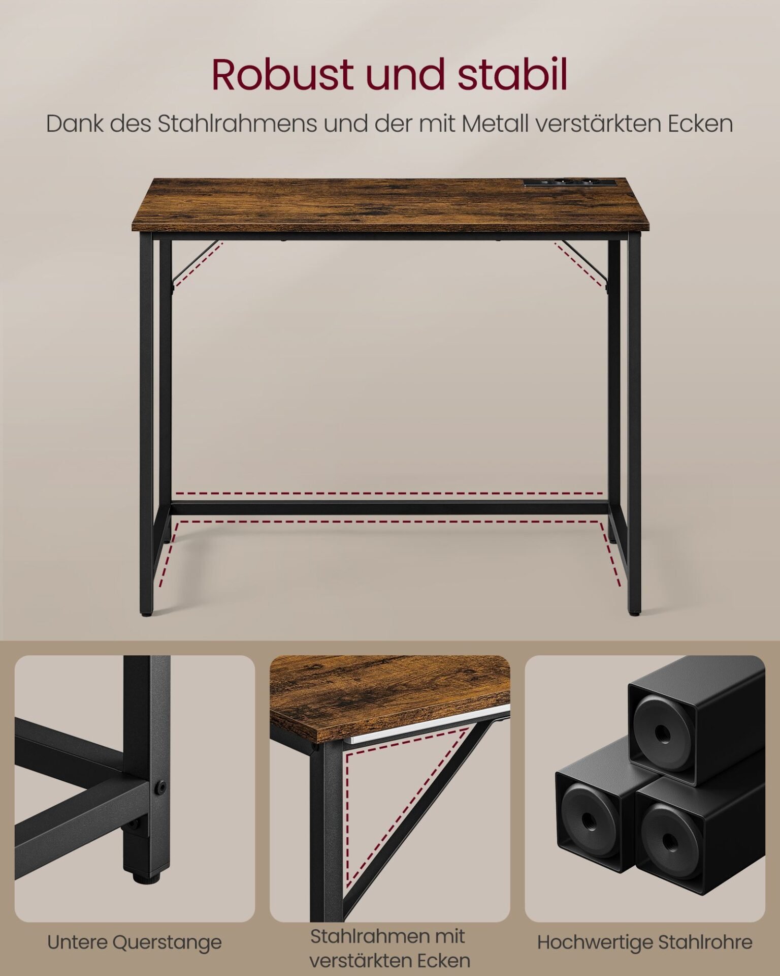 VASAGLE Office Desk Gaming Table with LED Lights, Power Strip, Computer Desk, 50 x 100 x 76, Space Saving, for Study Room, Home Office, Vintage Brown-Black Ink LWD141B81 4 VASAGLE Office Desk Gaming Table with LED Lights, Power Strip, Computer Desk, 50 x 100 x 76, Space Saving, for Study Room, Home Office, Vintage Brown-Black Ink LWD141B81 - Bild 4