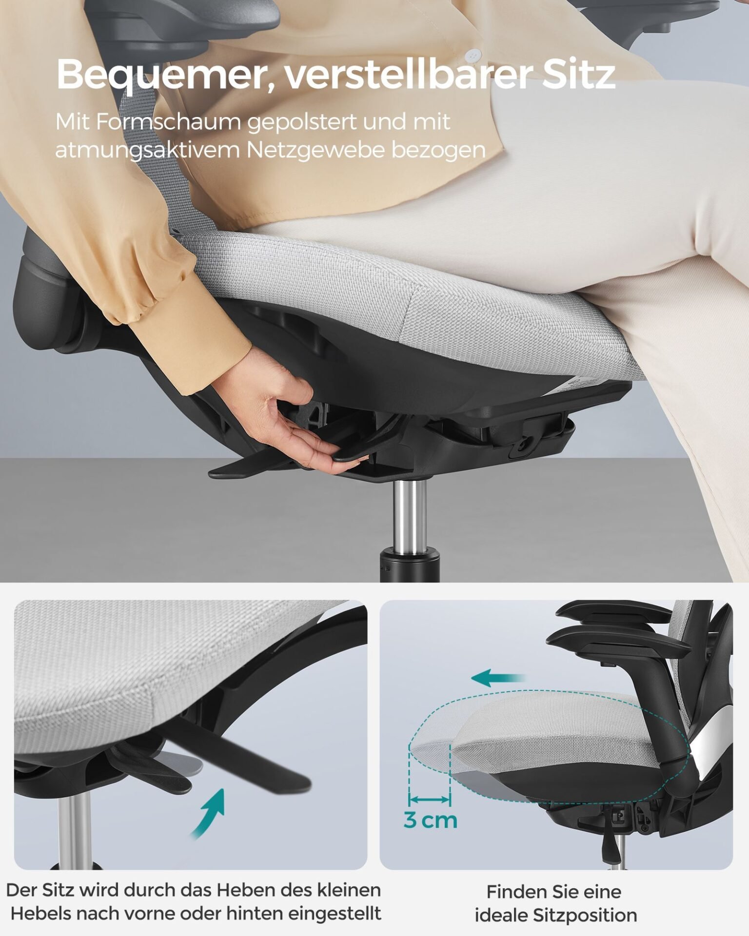 SONGMICS Office Chair, Ergonomic Adjustable Canvas Chair, Reclining Backrest, Front or Rear Adjustable Seat, 4D Armrests, Lumbar Support, Capacity 150kg, Dove Grey OBN065G01 4 SONGMICS Office Chair, Ergonomic Adjustable Canvas Chair, Reclining Backrest, Front or Rear Adjustable Seat, 4D Armrests, Lumbar Support, Capacity 150kg, Dove Grey OBN065G01 - Bild 4