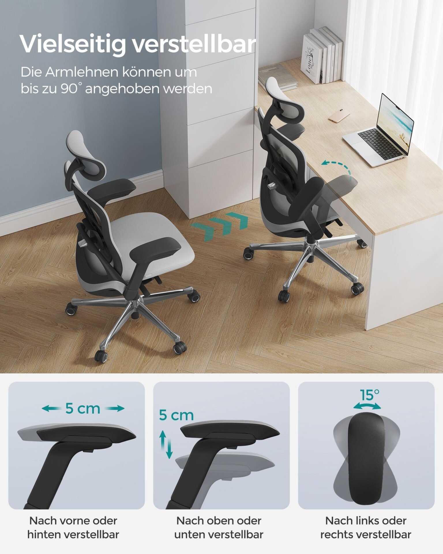 SONGMICS Office Chair, Ergonomic Adjustable Canvas Chair, Reclining Backrest, Front or Rear Adjustable Seat, 4D Armrests, Lumbar Support, Capacity 150kg, Dove Grey OBN065G01 5 SONGMICS Office Chair, Ergonomic Adjustable Canvas Chair, Reclining Backrest, Front or Rear Adjustable Seat, 4D Armrests, Lumbar Support, Capacity 150kg, Dove Grey OBN065G01 - Bild 5