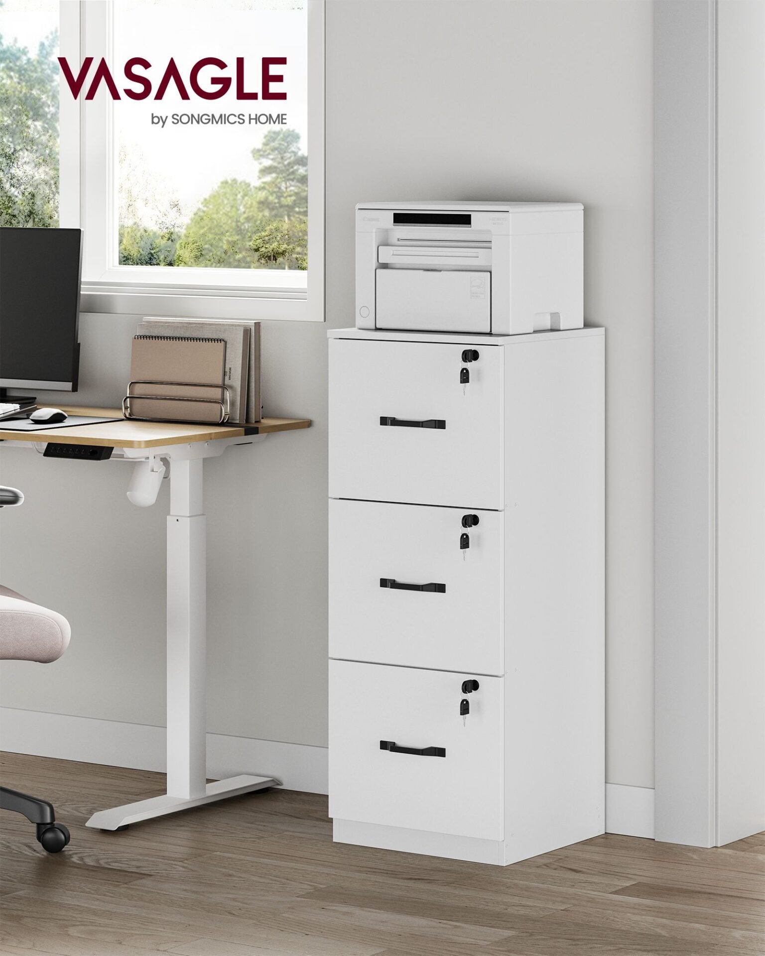 VASAGLE 3-Drawer Office Pedestal, Document Storage Unit, Printer Stand, 3 Lockable Drawers, Adjustable Hanging Rail, for A4 Files, Cloud White OFC055W14 2 VASAGLE 3-Drawer Office Pedestal, Document Storage Unit, Printer Stand, 3 Lockable Drawers, Adjustable Hanging Rail, for A4 Files, Cloud White OFC055W14 - Bild 2