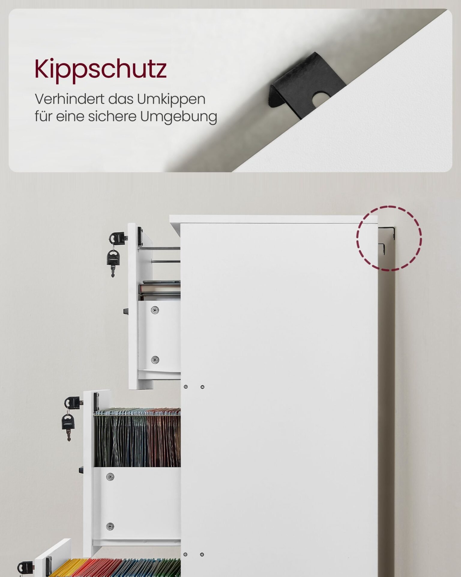 VASAGLE 3-Drawer Office Pedestal, Document Storage Unit, Printer Stand, 3 Lockable Drawers, Adjustable Hanging Rail, for A4 Files, Cloud White OFC055W14 7 VASAGLE 3-Drawer Office Pedestal, Document Storage Unit, Printer Stand, 3 Lockable Drawers, Adjustable Hanging Rail, for A4 Files, Cloud White OFC055W14 - Bild 7