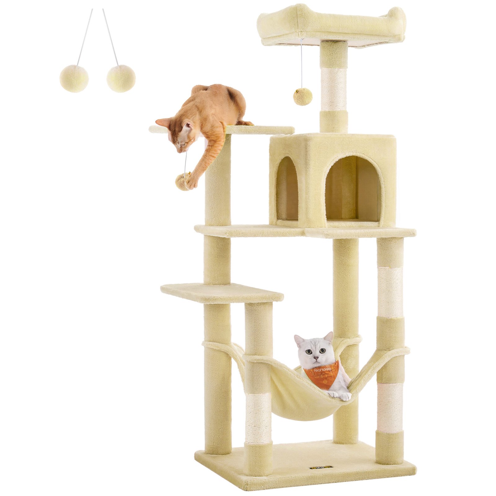 Feandrea PCT161M01 Cat Tree Height 143 cm Play Tower for Cats with 4 Scratching Posts, 2 Platforms, 1 Kennel, 1 Hammock, 2 Pompoms, Plush Fabric, Multi-Level, Beige 2 Feandrea PCT161M01 Cat Tree Height 143 cm Play Tower for Cats with 4 Scratching Posts, 2 Platforms, 1 Kennel, 1 Hammock, 2 Pompoms, Plush Fabric, Multi-Level, Beige - Bild 2