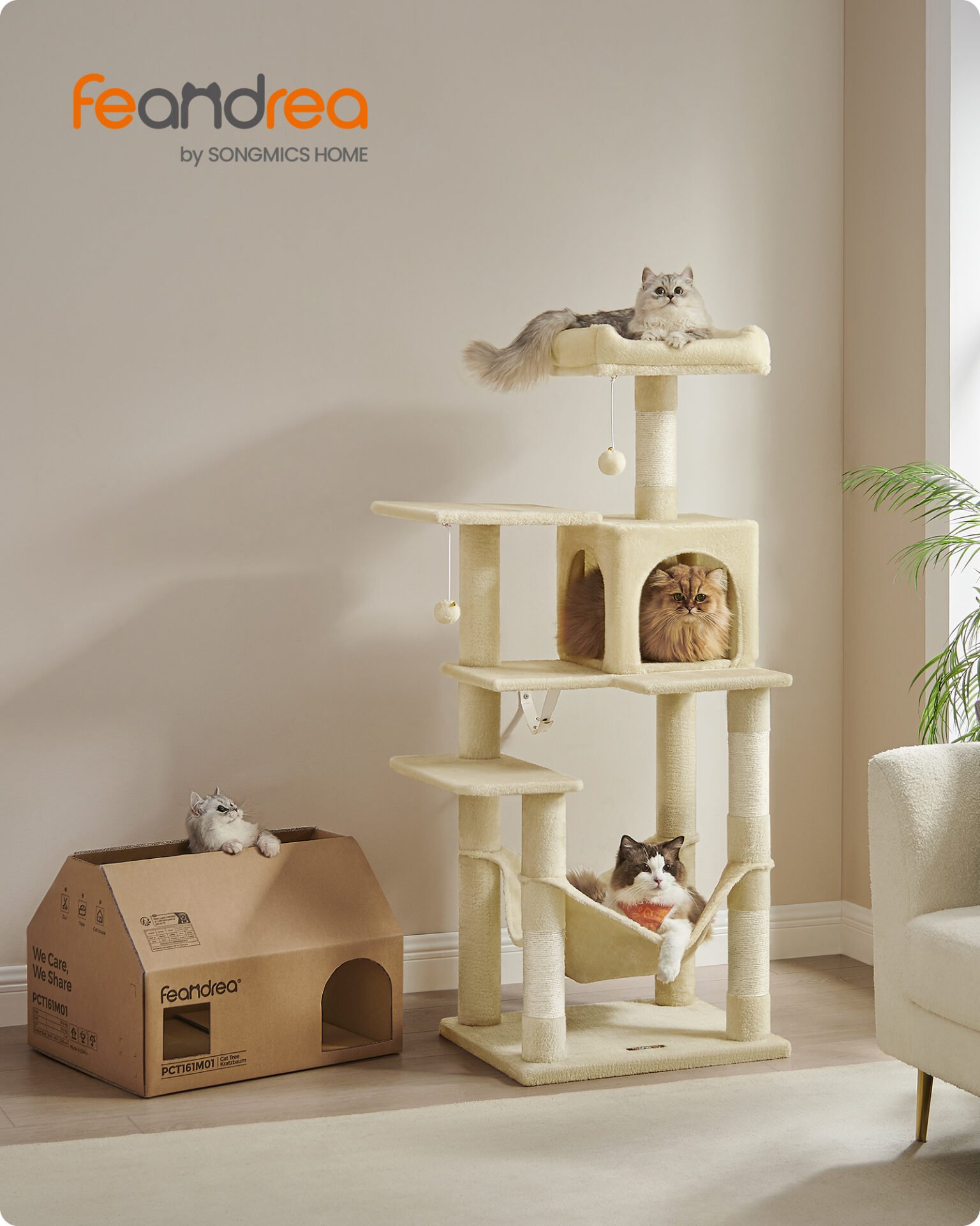 Feandrea PCT161M01 Cat Tree Height 143 cm Play Tower for Cats with 4 Scratching Posts, 2 Platforms, 1 Kennel, 1 Hammock, 2 Pompoms, Plush Fabric, Multi-Level, Beige 3 Feandrea PCT161M01 Cat Tree Height 143 cm Play Tower for Cats with 4 Scratching Posts, 2 Platforms, 1 Kennel, 1 Hammock, 2 Pompoms, Plush Fabric, Multi-Level, Beige - Bild 3