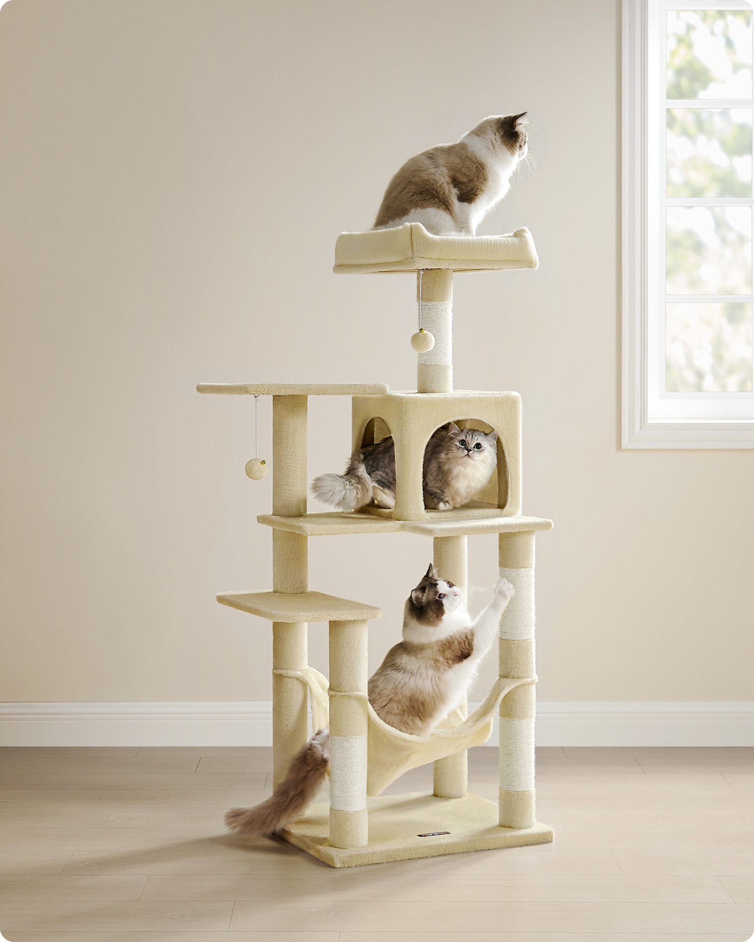 Feandrea PCT161M01 Cat Tree Height 143 cm Play Tower for Cats with 4 Scratching Posts, 2 Platforms, 1 Kennel, 1 Hammock, 2 Pompoms, Plush Fabric, Multi-Level, Beige 6 Feandrea PCT161M01 Cat Tree Height 143 cm Play Tower for Cats with 4 Scratching Posts, 2 Platforms, 1 Kennel, 1 Hammock, 2 Pompoms, Plush Fabric, Multi-Level, Beige - Bild 6