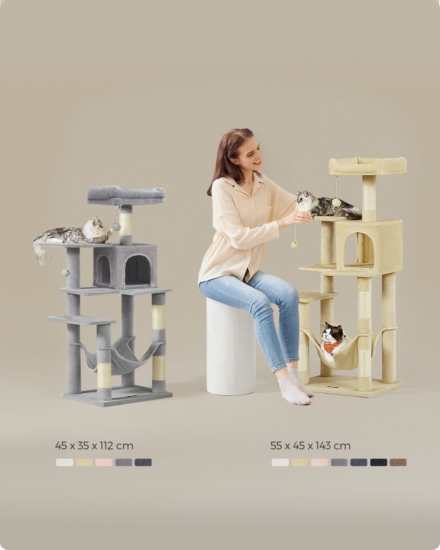 Feandrea PCT161M01 Cat Tree Height 143 cm Play Tower for Cats with 4 Scratching Posts, 2 Platforms, 1 Kennel, 1 Hammock, 2 Pompoms, Plush Fabric, Multi-Level, Beige 7 Feandrea PCT161M01 Cat Tree Height 143 cm Play Tower for Cats with 4 Scratching Posts, 2 Platforms, 1 Kennel, 1 Hammock, 2 Pompoms, Plush Fabric, Multi-Level, Beige - Bild 7