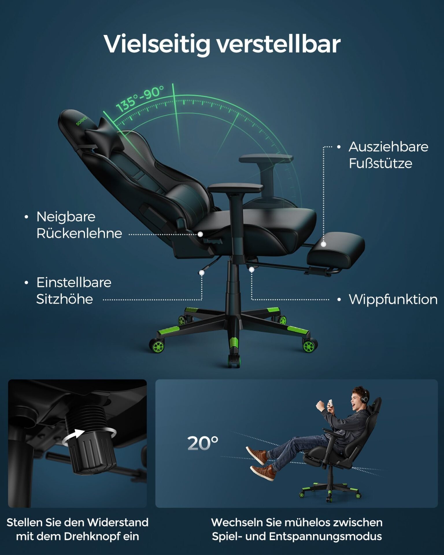 SONGMICS RCG070C01 Ergonomic Office Chair with High Back Armrests Footrest Lumbar Support Pillow Load up to 150kg Black/Green 6 SONGMICS RCG070C01 Ergonomic Office Chair with High Back Armrests Footrest Lumbar Support Pillow Load up to 150kg Black/Green - Bild 6