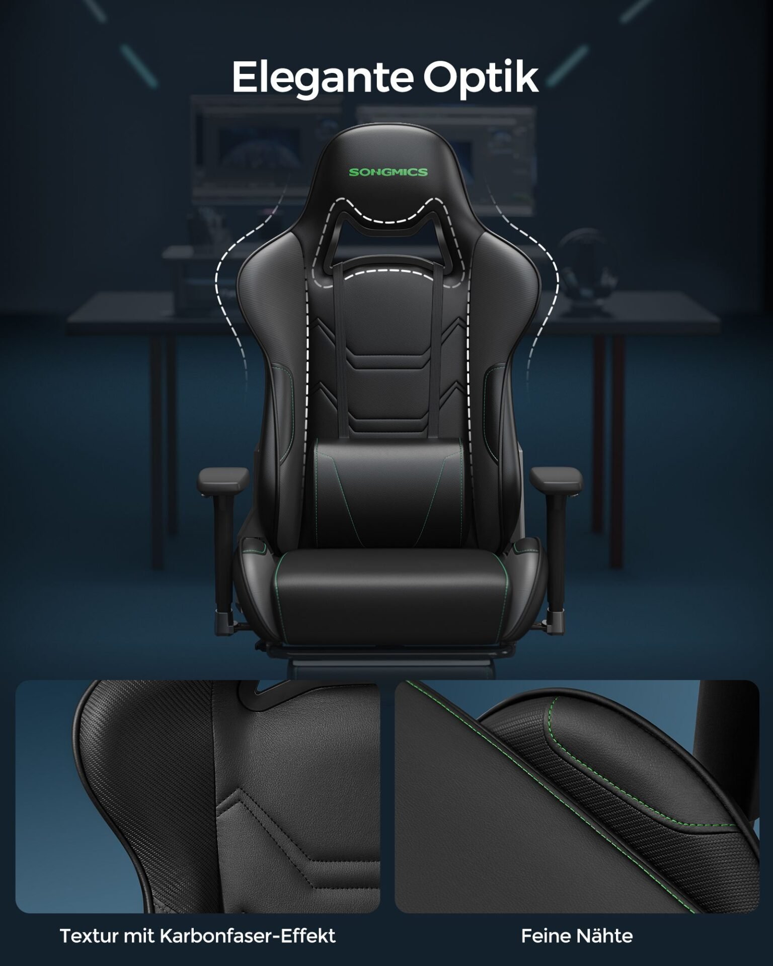 SONGMICS RCG070C01 Ergonomic Office Chair with High Back Armrests Footrest Lumbar Support Pillow Load up to 150kg Black/Green 7 SONGMICS RCG070C01 Ergonomic Office Chair with High Back Armrests Footrest Lumbar Support Pillow Load up to 150kg Black/Green - Bild 7