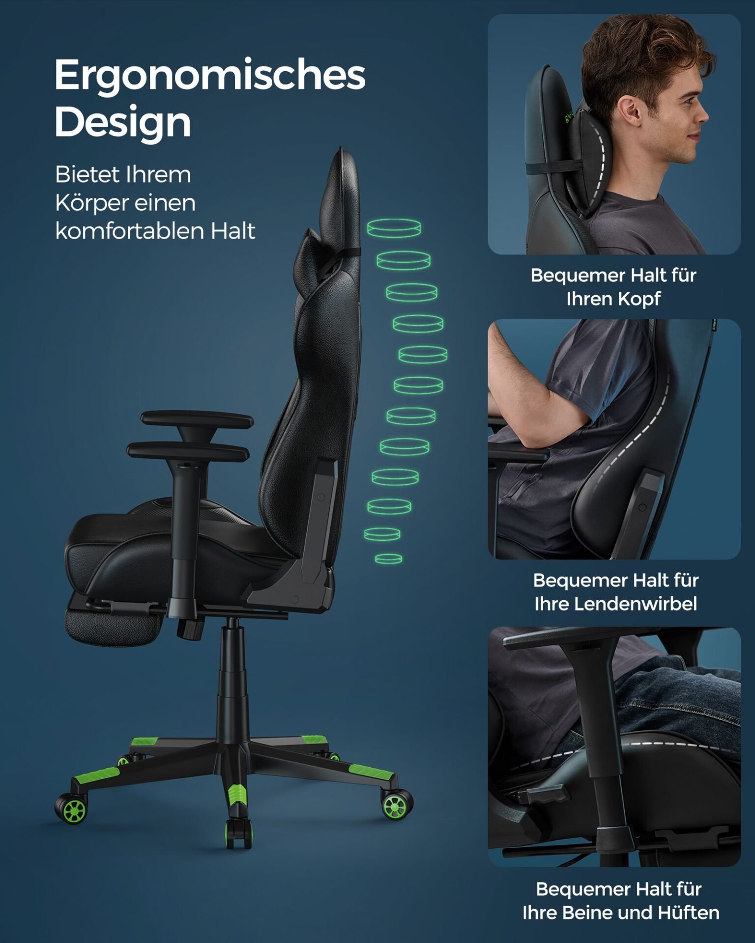 SONGMICS RCG070C01 Ergonomic Office Chair with High Back Armrests Footrest Lumbar Support Pillow Load up to 150kg Black/Green 2 SONGMICS RCG070C01 Ergonomic Office Chair with High Back Armrests Footrest Lumbar Support Pillow Load up to 150kg Black/Green - Bild 2